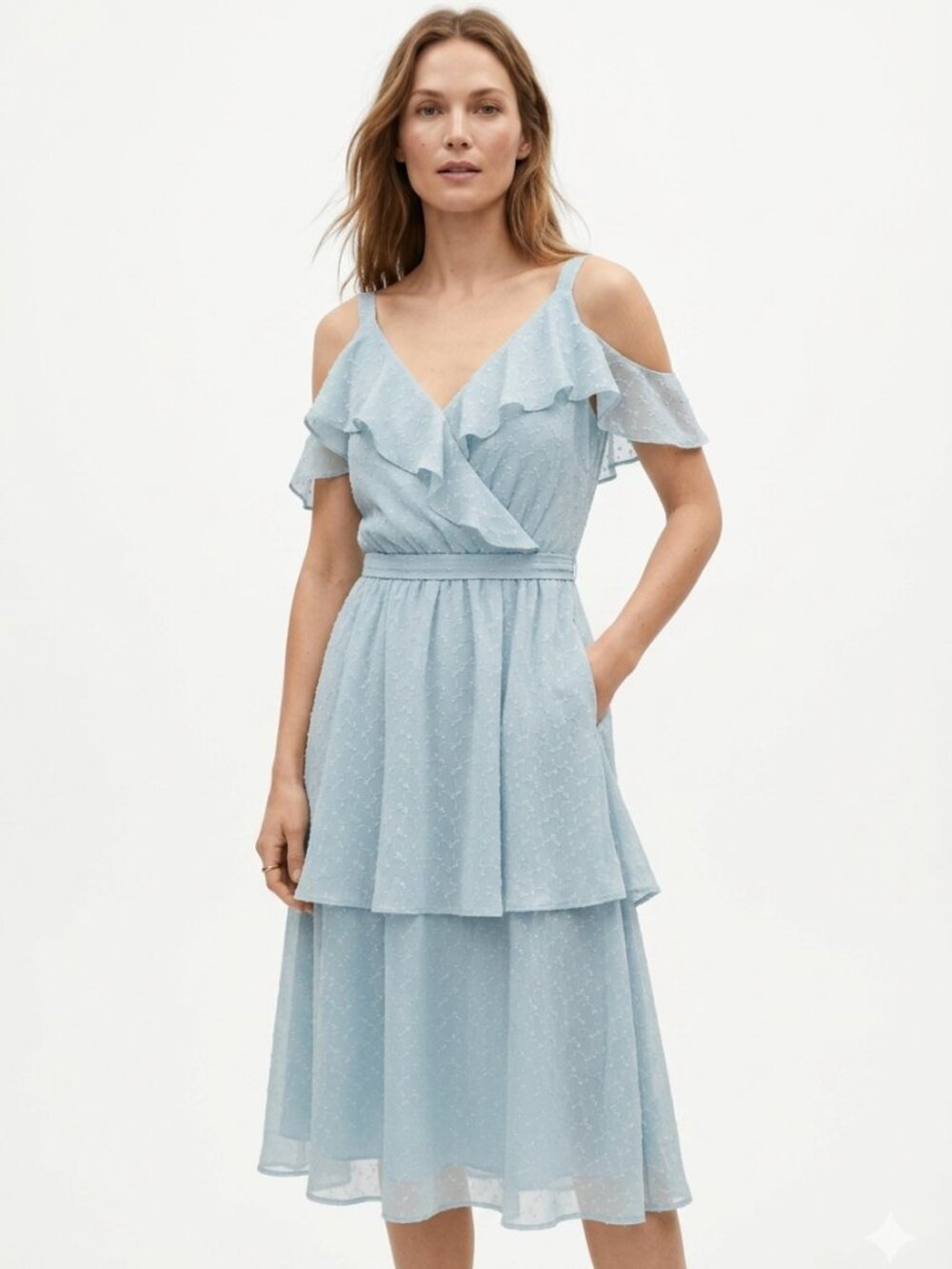 GAL MEETS GLAM BLUE FLORAL EMBROIDERY RUFFLE BELTED SLEEVELESS MIDI DRESS - 0